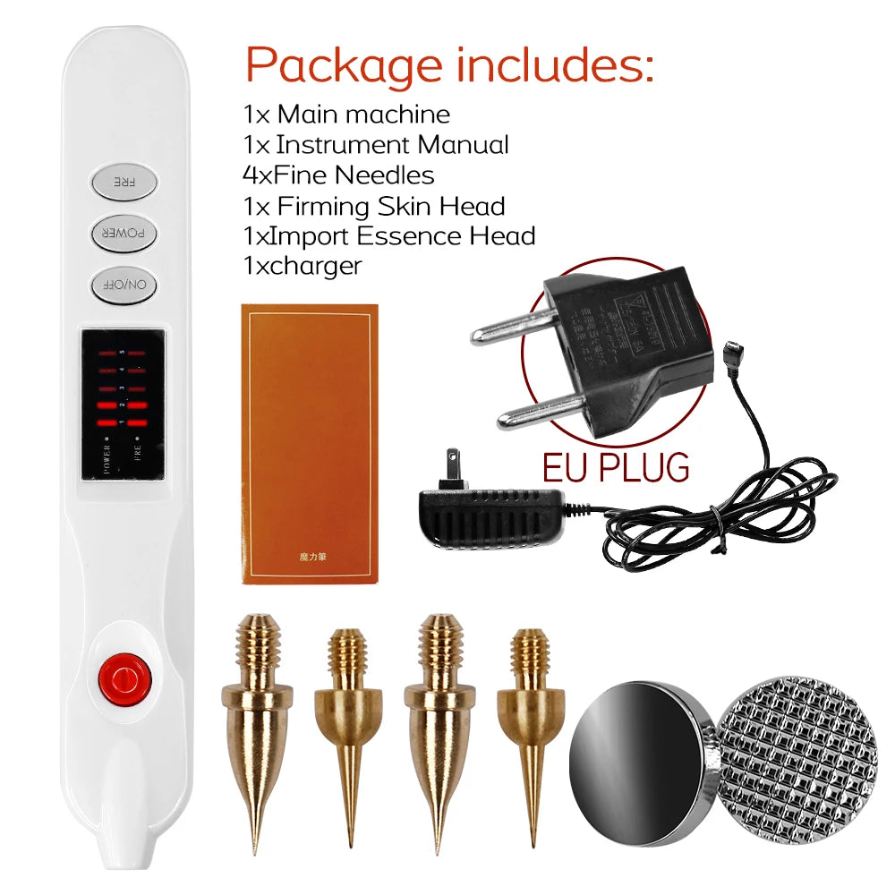 White plasma pen for mole, tattoo, and skin tag removal with 4 gold needles, attachment heads, and EU power adapter.