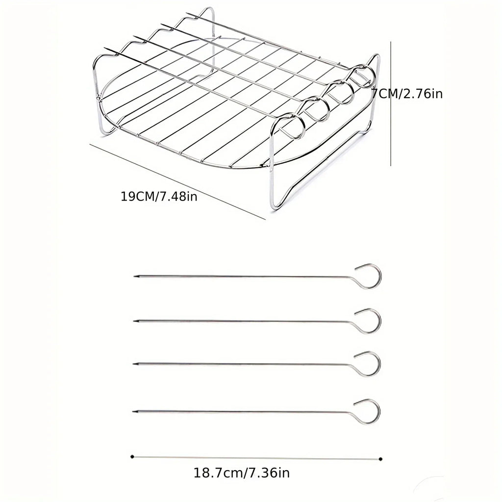 Square wire grilling rack and four skewers set, shown with size measurements