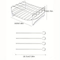 Square wire grilling rack and four skewers set, shown with size measurements