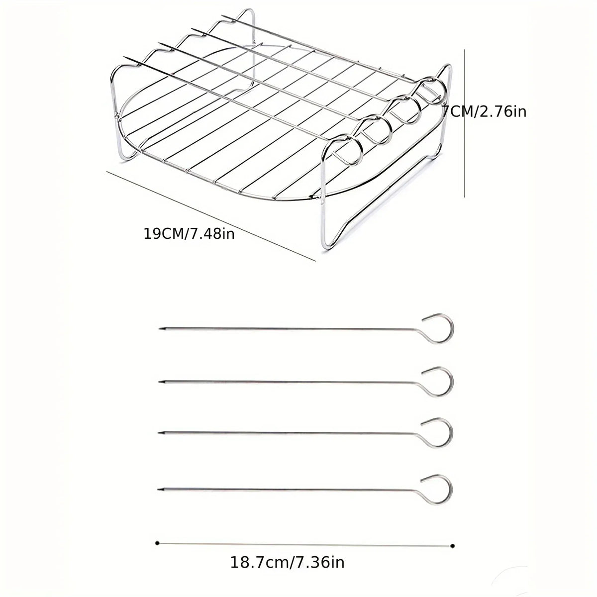 Square wire grilling rack and four skewers set, shown with size measurements