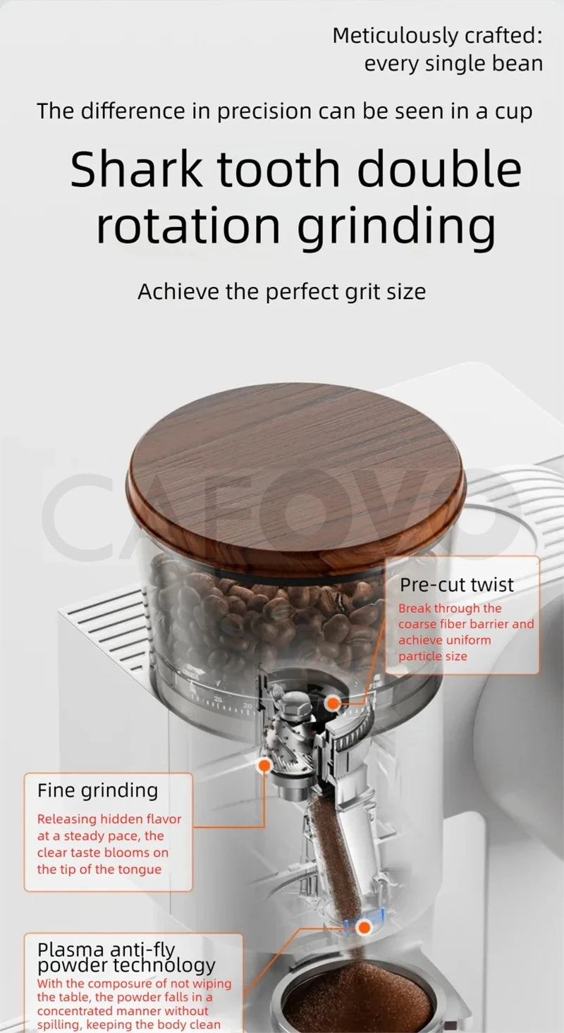 Cafovo coffee bean grinder with wood-grain lid, clear hopper, and shark-tooth precision grinding technology.
