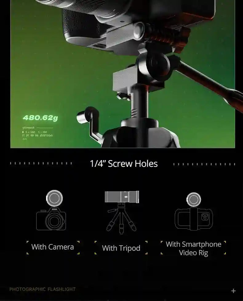 Black photographic flashlight with 1/4" screw hole for mounting to cameras, tripods, or smartphone video rigs.