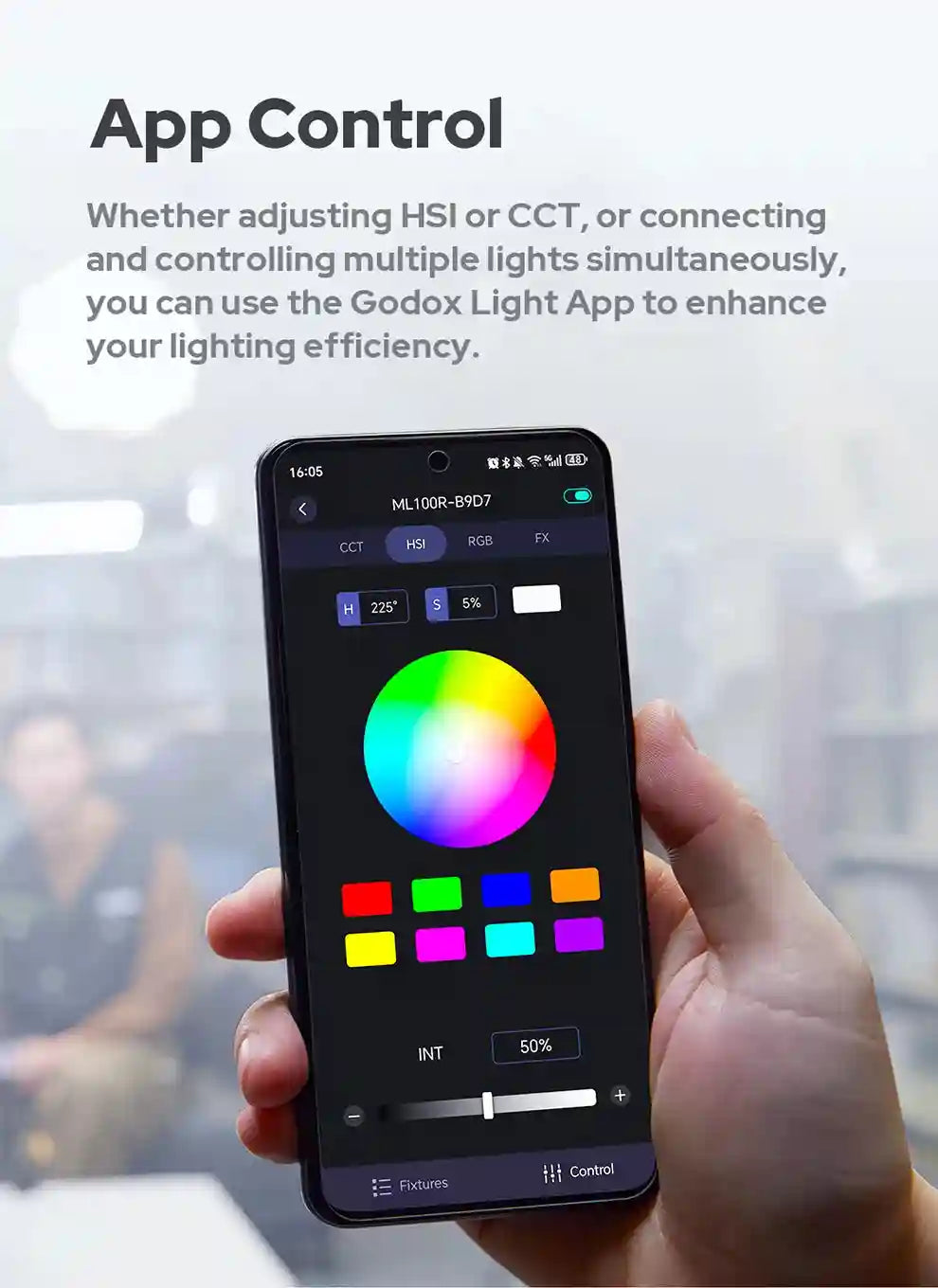 Smartphone showing a light control app with a color wheel and intensity slider for remote lighting adjustments.