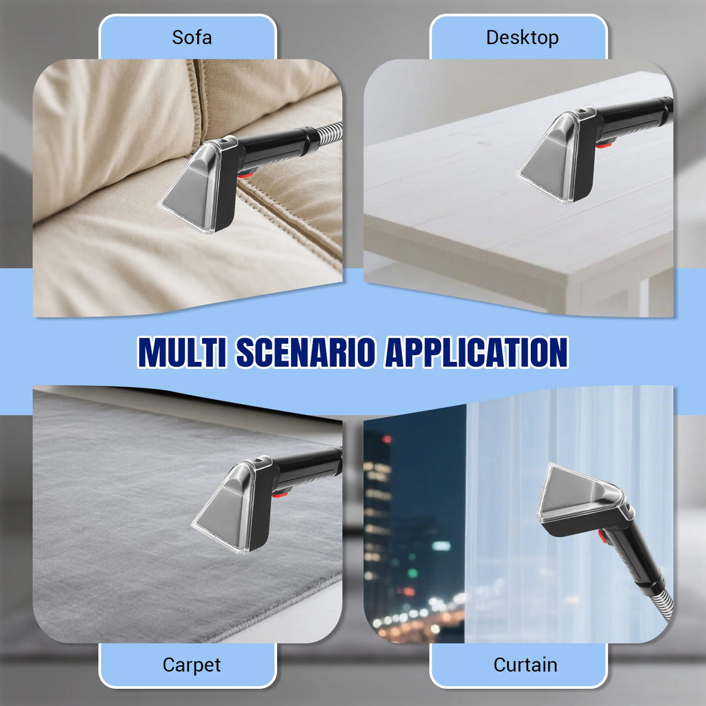 Tidesmit portable home spot cleaner cleaning upholstery and pet stains from a car seat, side angle view.