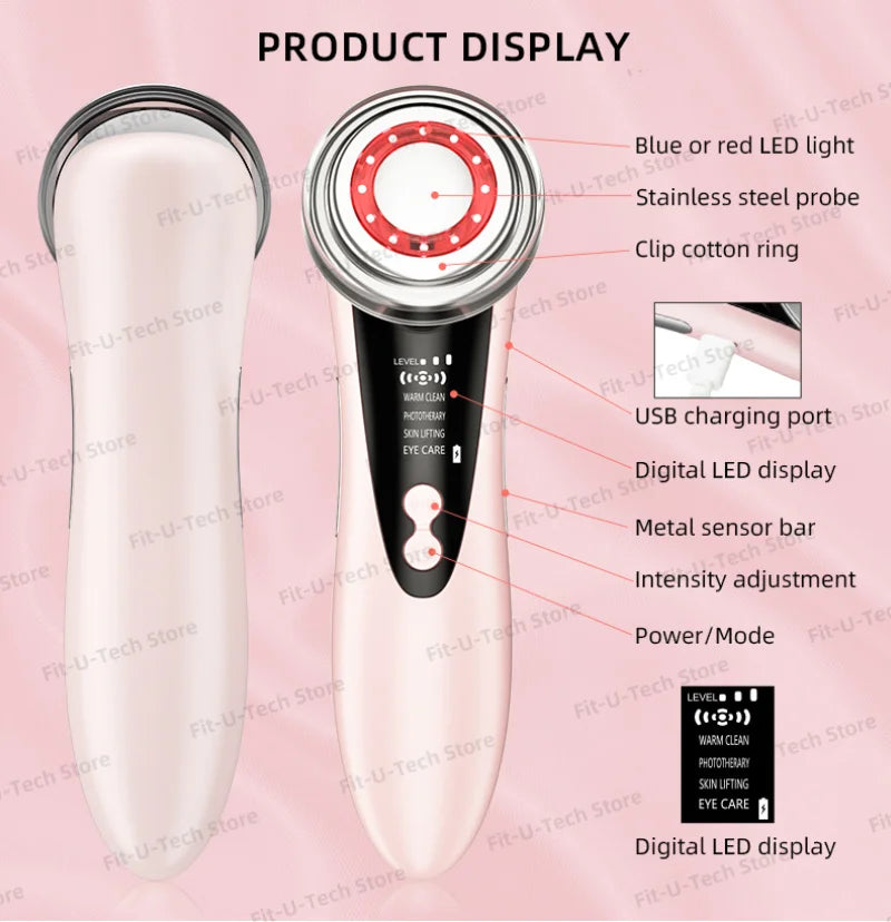 White facial massager with LED light probe, digital display, and side sensors for skin tightening and lifting therapy.