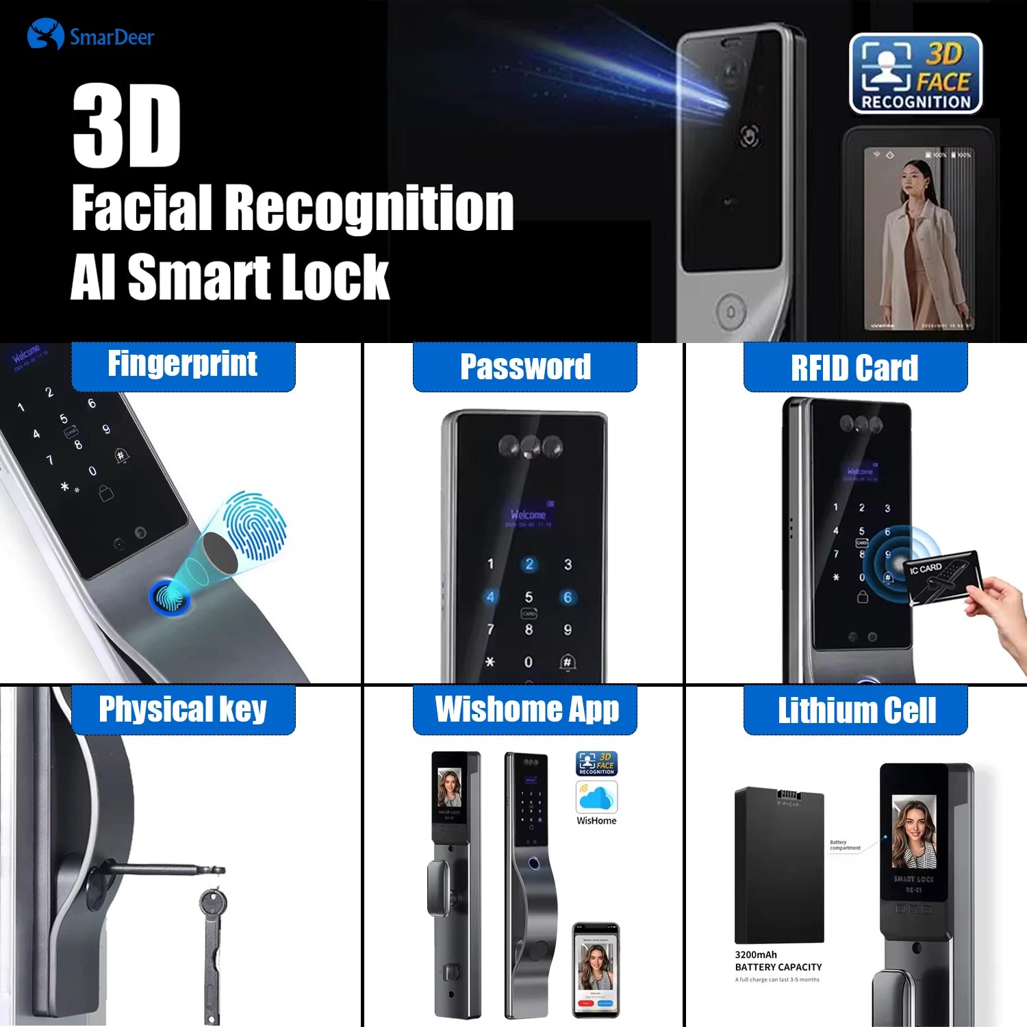 SmaerDer Smart Lock Facial Recognition Lock Fingerprint Magnetic Card Password Fully Automatic Electronic Lock with Camera