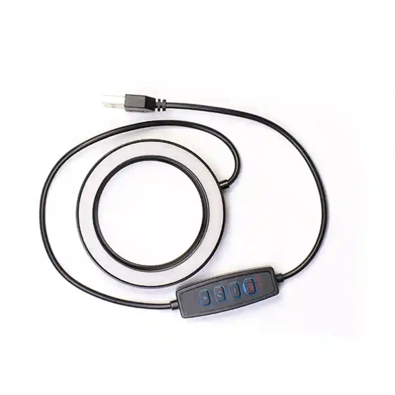 Small black ring light with a USB cable and an inline control panel for adjusting lighting settings.