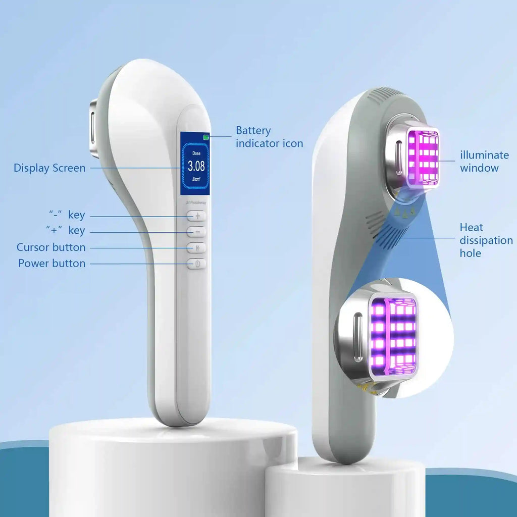 Handheld UV phototherapy device for skin treatment, featuring a white ergonomic handle, digital screen, and purple
