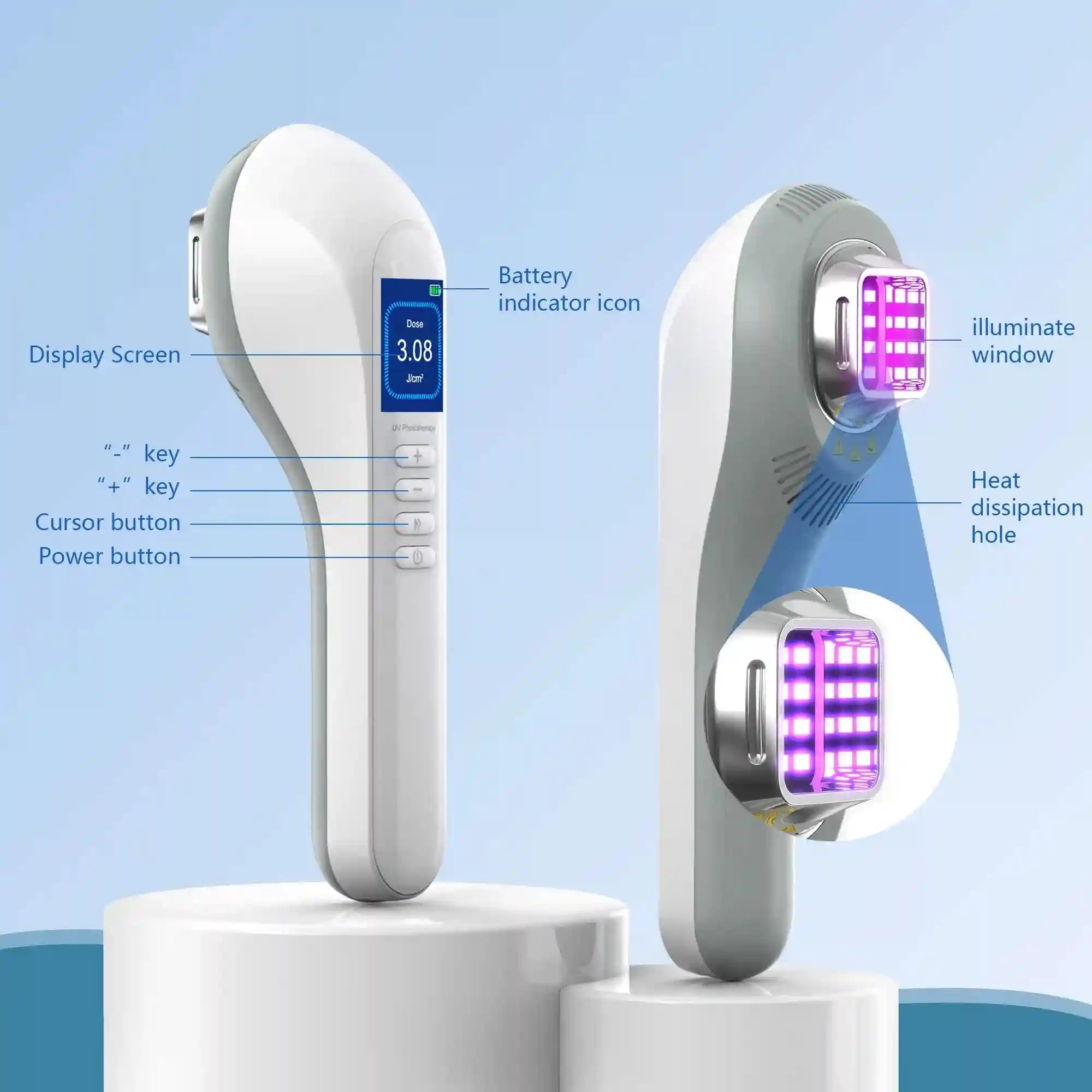 Handheld UV phototherapy device for skin treatment, featuring a white ergonomic handle, digital screen, and purple