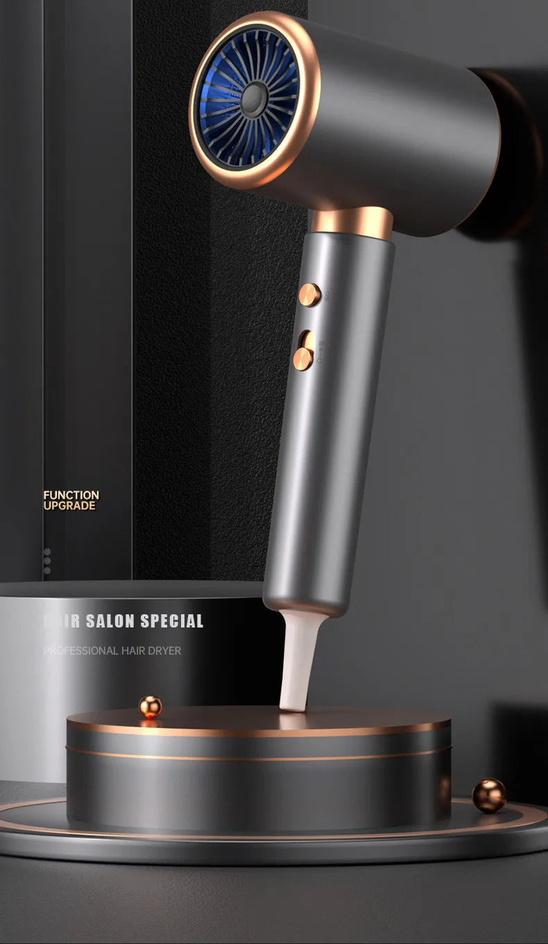 2400W high-speed grey and rose gold hair dryer with negative ion blue light technology and styling nozzle attachment.