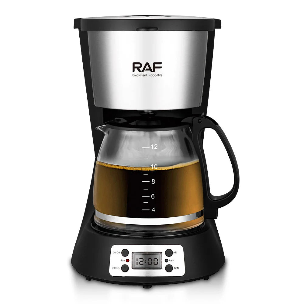RAF 12-cup programmable coffee maker in black and stainless steel with glass carafe and digital display.
