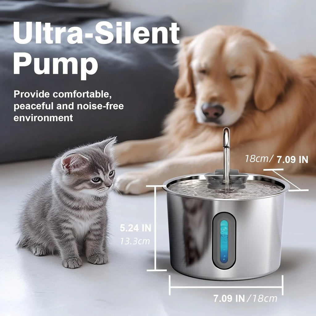 Stainless steel 2.2L cat and dog water fountain with silent pump and filter for clean, automatic pet drinking.