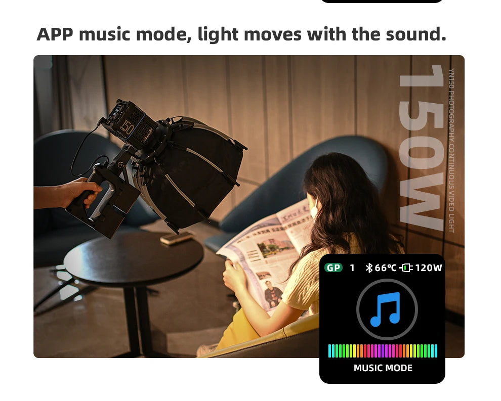 Handheld 150W LED video light with black softbox, shown illuminating a person reading while in music sync mode.