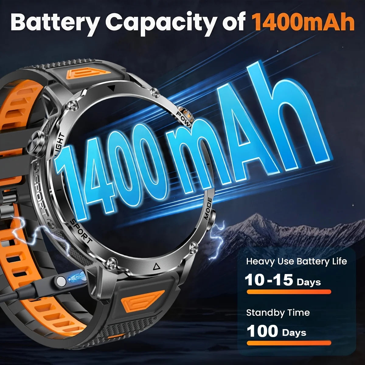 New Military ULtra 1400mAh Huge Battery SmartWatch Two Flashlight 10ATMan Waterproof HD Call 1.73“ 100+Sports Smart watch Man