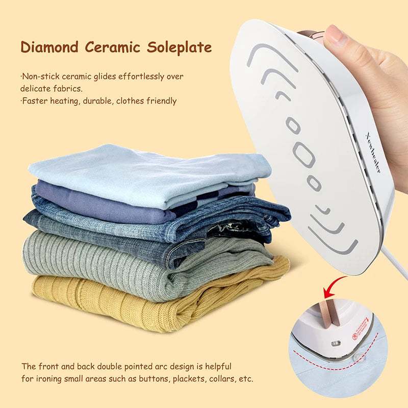 Tidesmit mini handheld travel iron showing compact design for quick 30-second heating and dual voltage portability