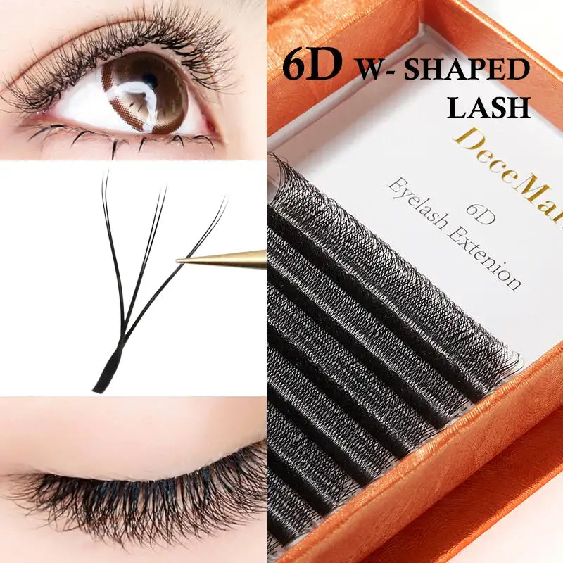 DeceMars 6D W-shaped black synthetic eyelash extension strips in a professional tray, shown on a model's eyes.