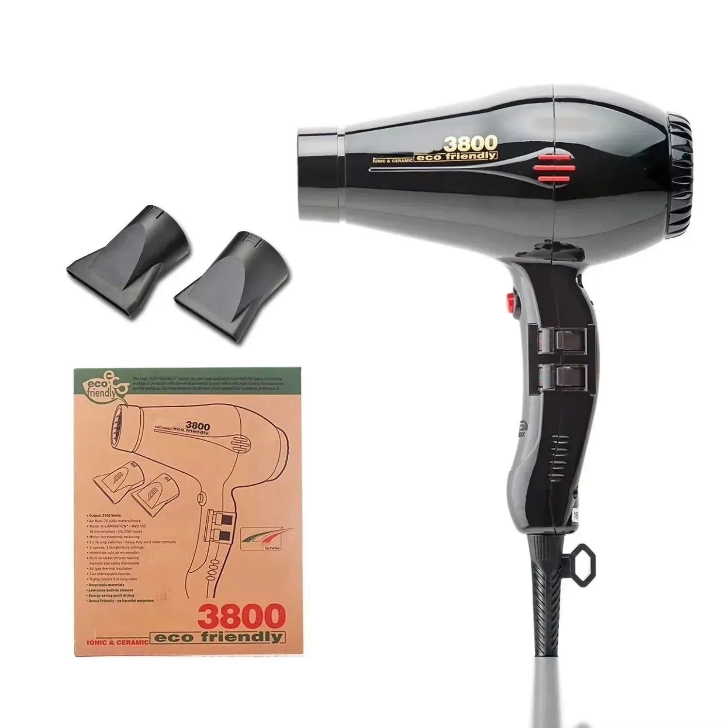 Black 2100W ionic ceramic hair dryer with 2 nozzles, 3-speed settings, and professional styling attachments.