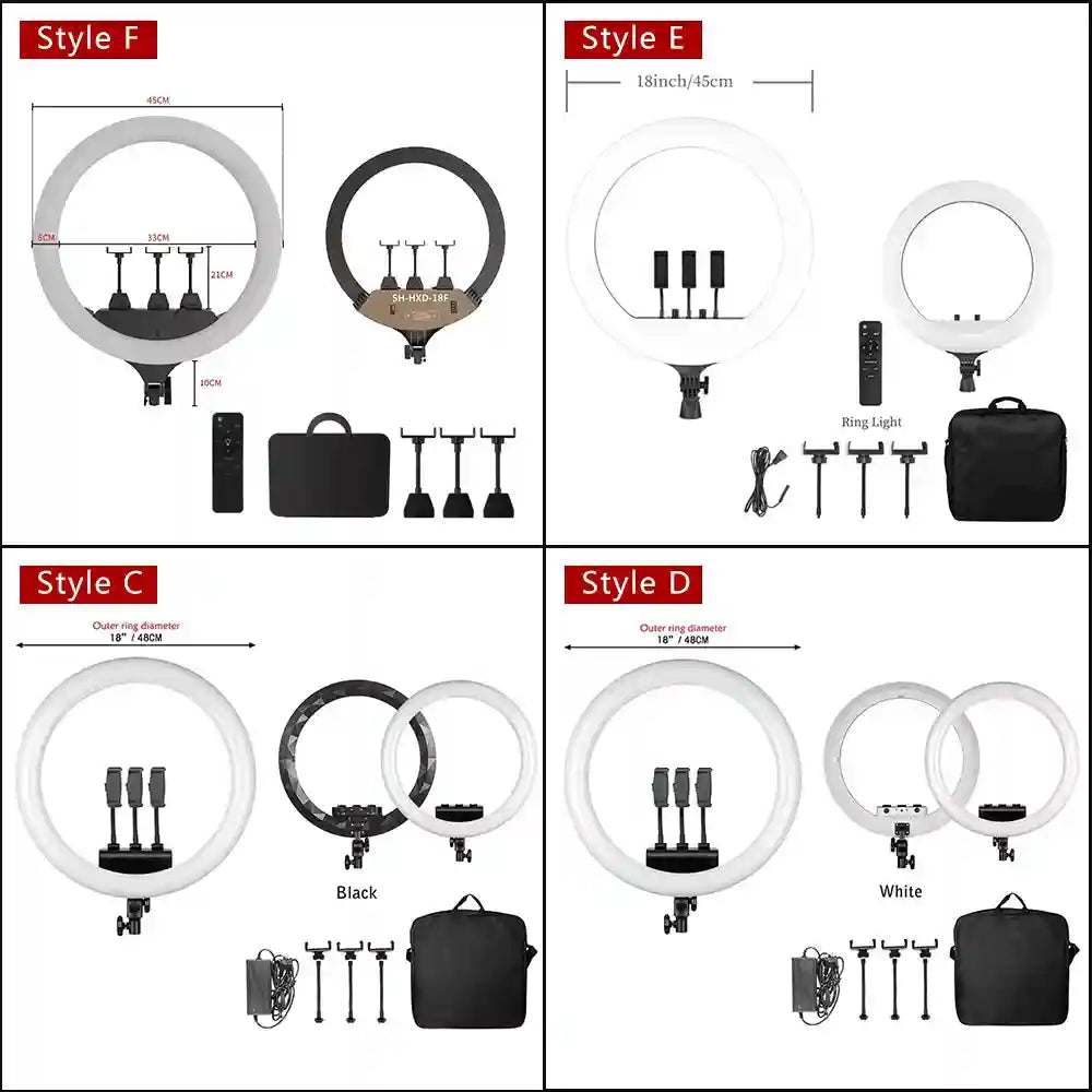 18-inch LED ring light kits with phone holders, power cords, remote controls, and carrying cases for photography.