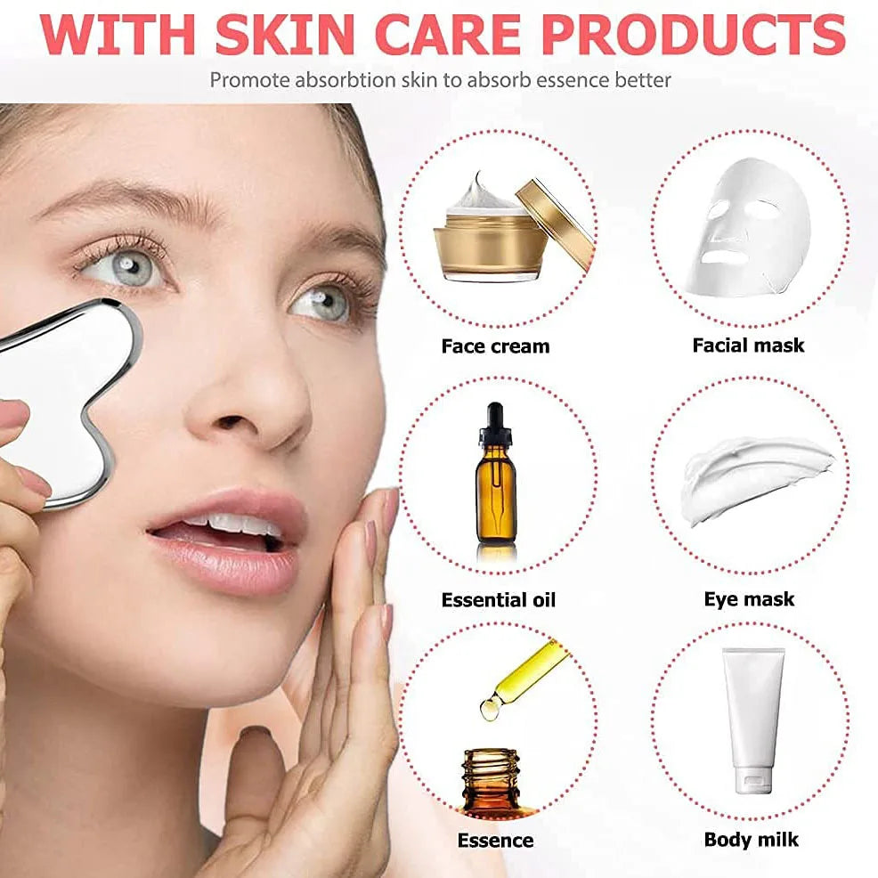 A woman uses a silver, heart-shaped stainless steel gua sha tool alongside icons of various skincare products.