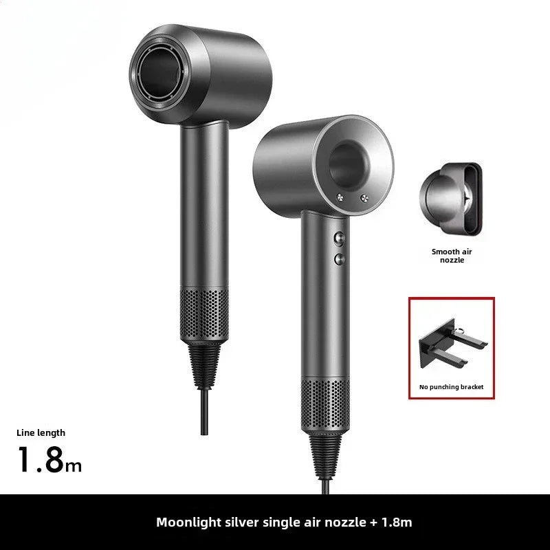 Silver 5-in-1 professional hair dryer with smooth air nozzle, wall bracket, and 1.8m cord for styling.