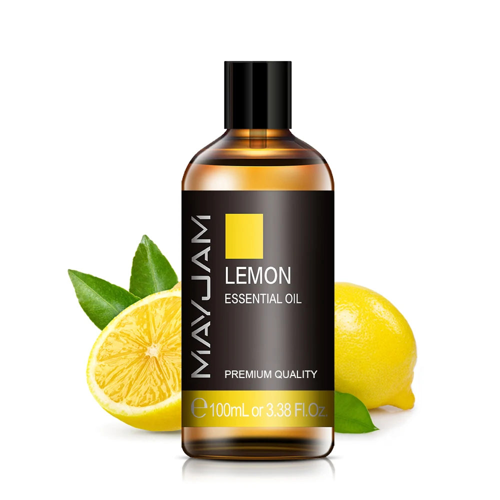 100ml lemon essential oil bottle with black cap and amber label for diffusers.