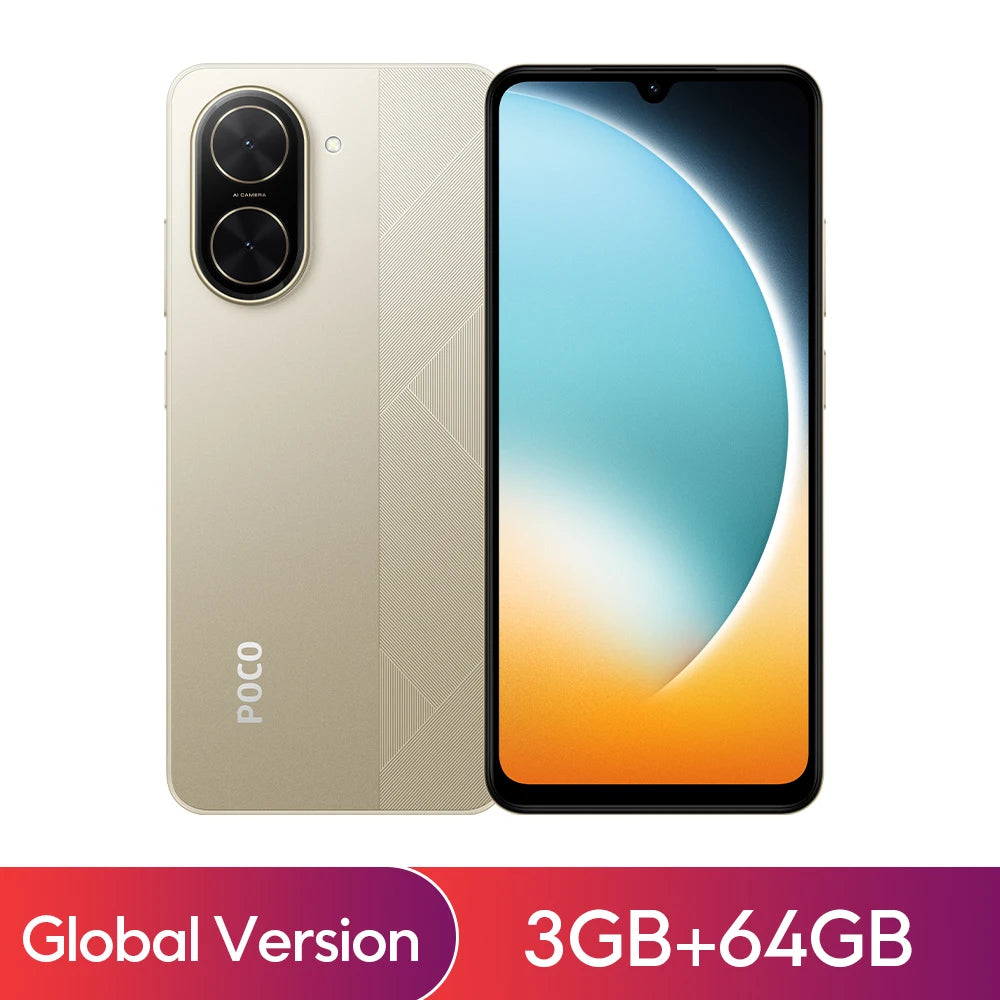 Gold Xiaomi POCO C71 smartphone, front and back view, 6.88" HD+ display, dual camera, Global Version 3GB+64GB.