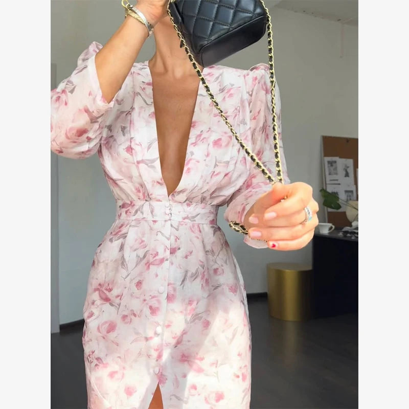 Fashion Sexy Organza Floral Printed Maxi Dress V-neck Puff Sleeve 2026 New Summer Romantic Women Party Gown Elegant Lady Vestido