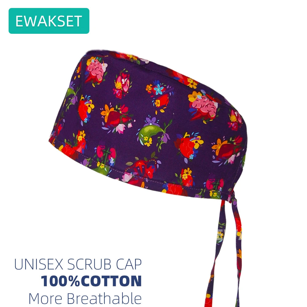 Unisex floral purple cotton scrub cap with sweatband for nurses, vets, and pet shop staff. Adjustable, breathable hat.