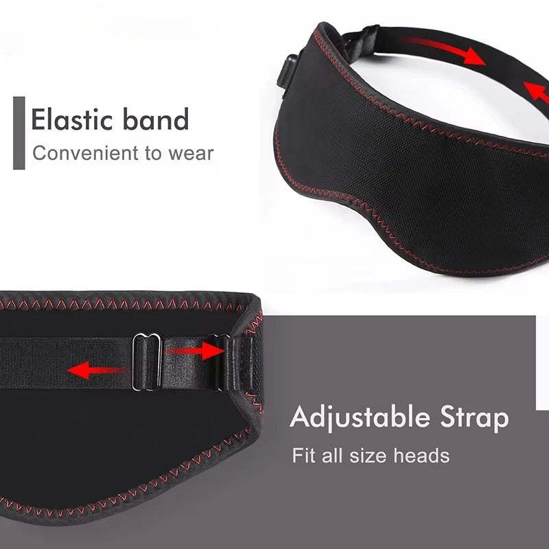 Black fabric heated eye mask with an adjustable elastic strap, featuring red stitched edges and a sleek design.