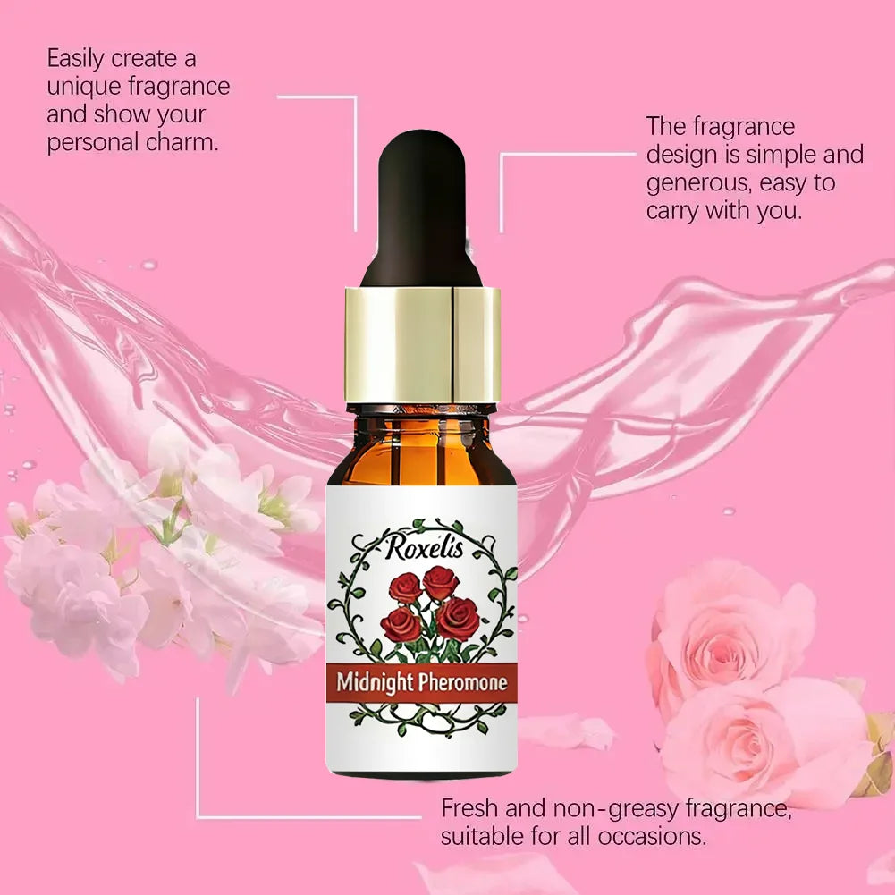 Roxelis Midnight Pheromone perfume: unisex rose scent in a travel-friendly dropper bottle. Long-lasting, alluring aroma.