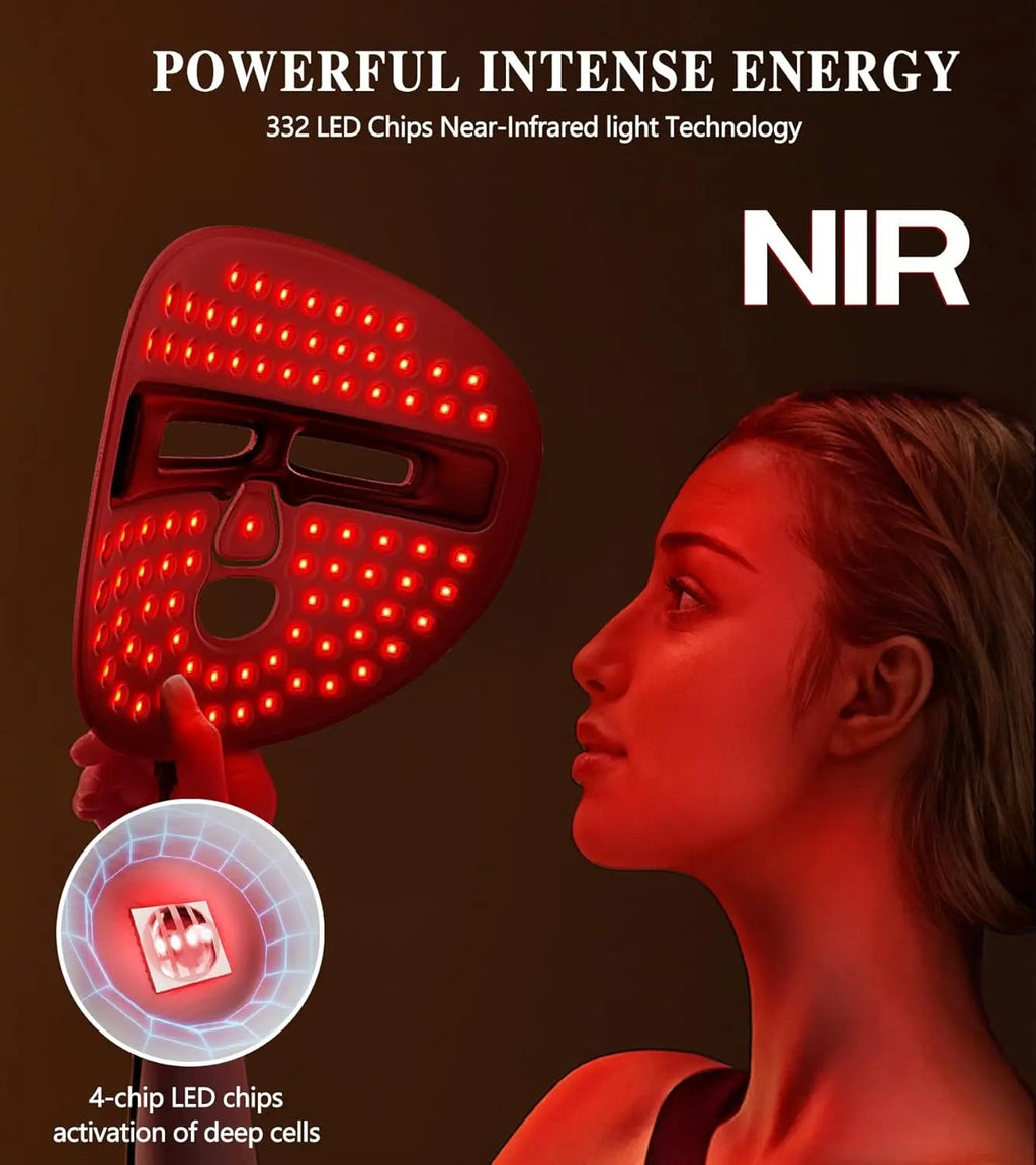 A woman holds a red LED light therapy mask to her face with a close-up showing a single 4-chip LED light.