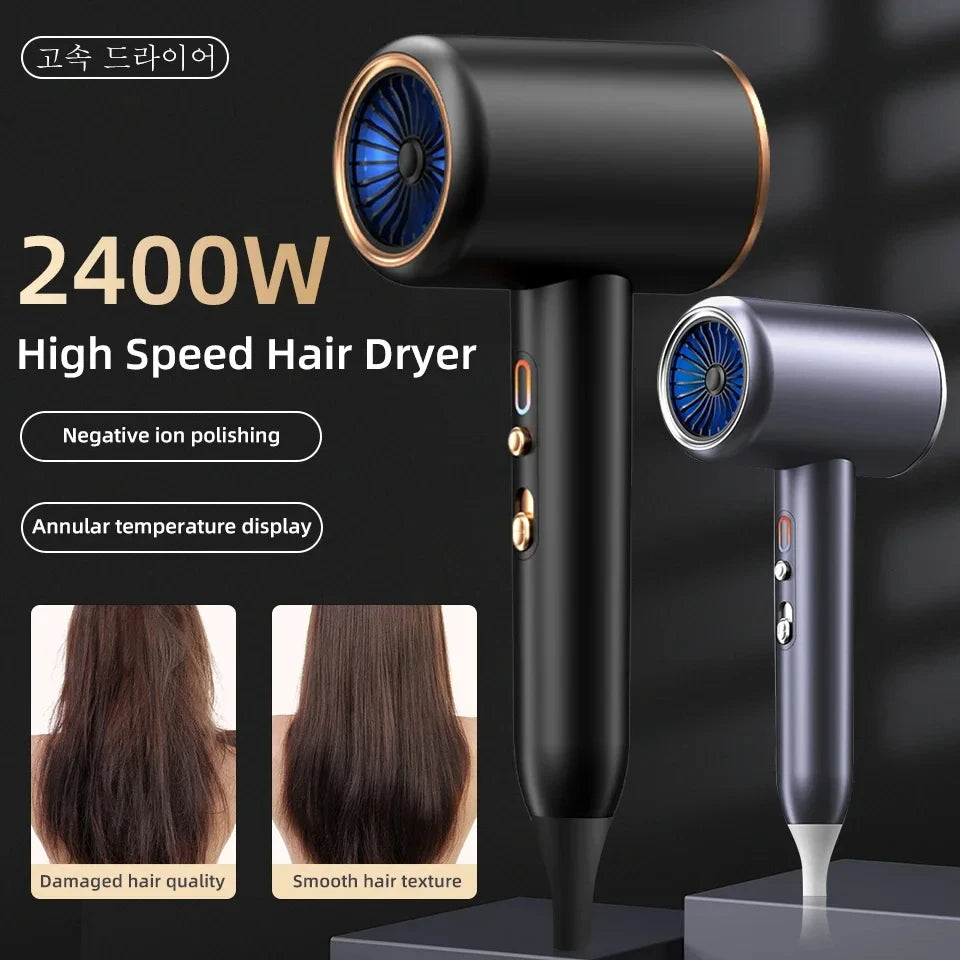 F33 2400W high-speed professional hair dryer in black and grey, featuring turbine airflow and ionic smoothing tech.