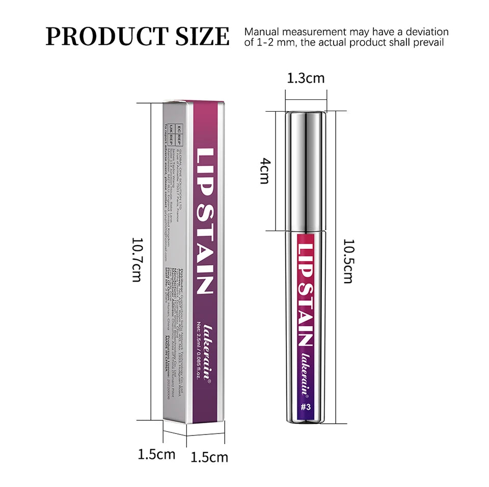 Lakerain waterproof peel-off lip stain with matte mist finish, featuring product size measurements and packaging box.