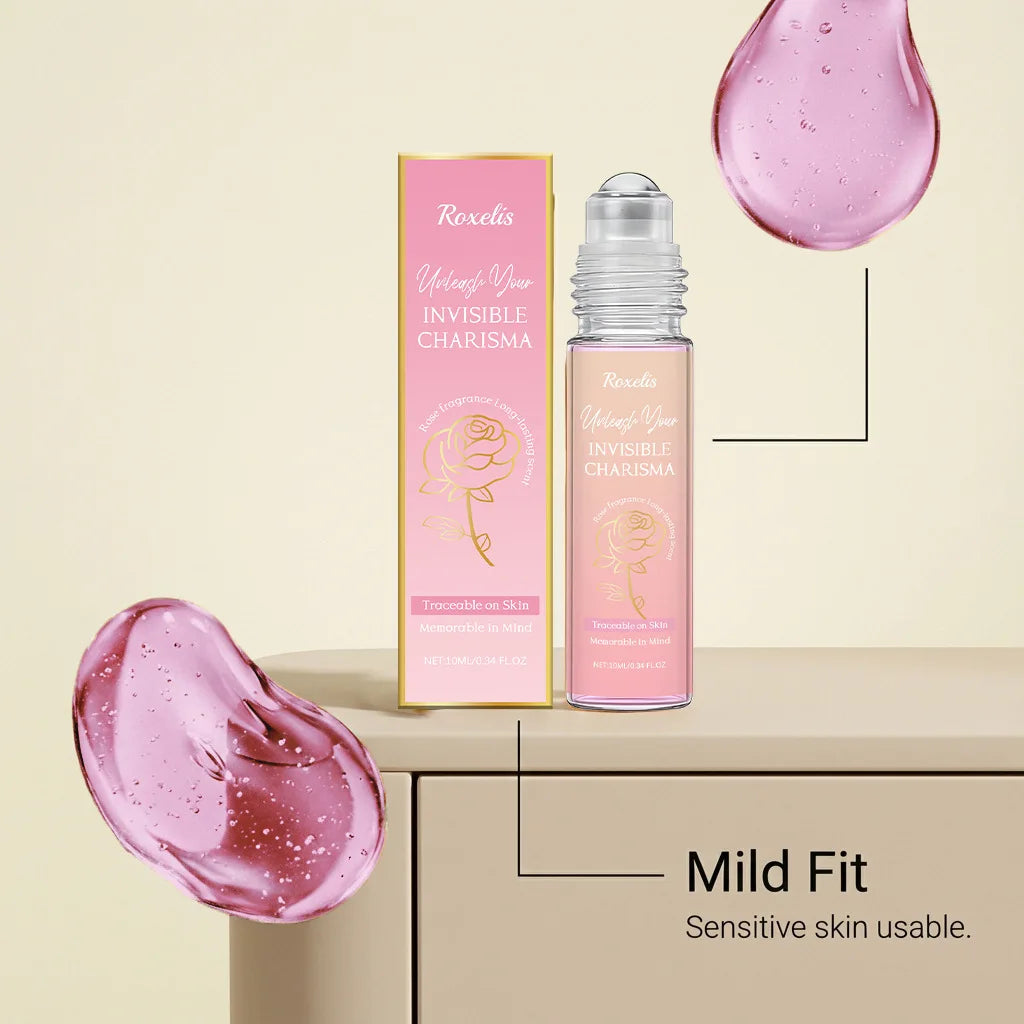 Roxelis Rose women's perfume rollerball: long-lasting, fresh floral scent in a portable glass roll-on bottle.