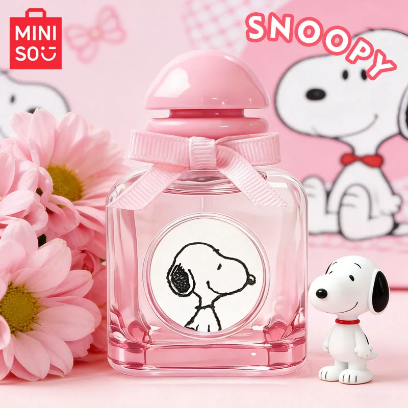 MINISO Snoopy fruity floral perfume for women, 50ml, pink square bottle with bow, luxury girl's gift fragrance spray.