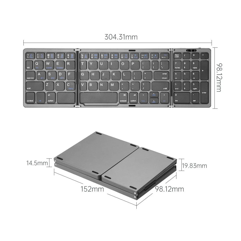 3-Folding Keyboard Mini Wireless Keyboard Foldable Dual Bluetooth Keyboard with Touchpad for Windows Android IOS iPad Phone