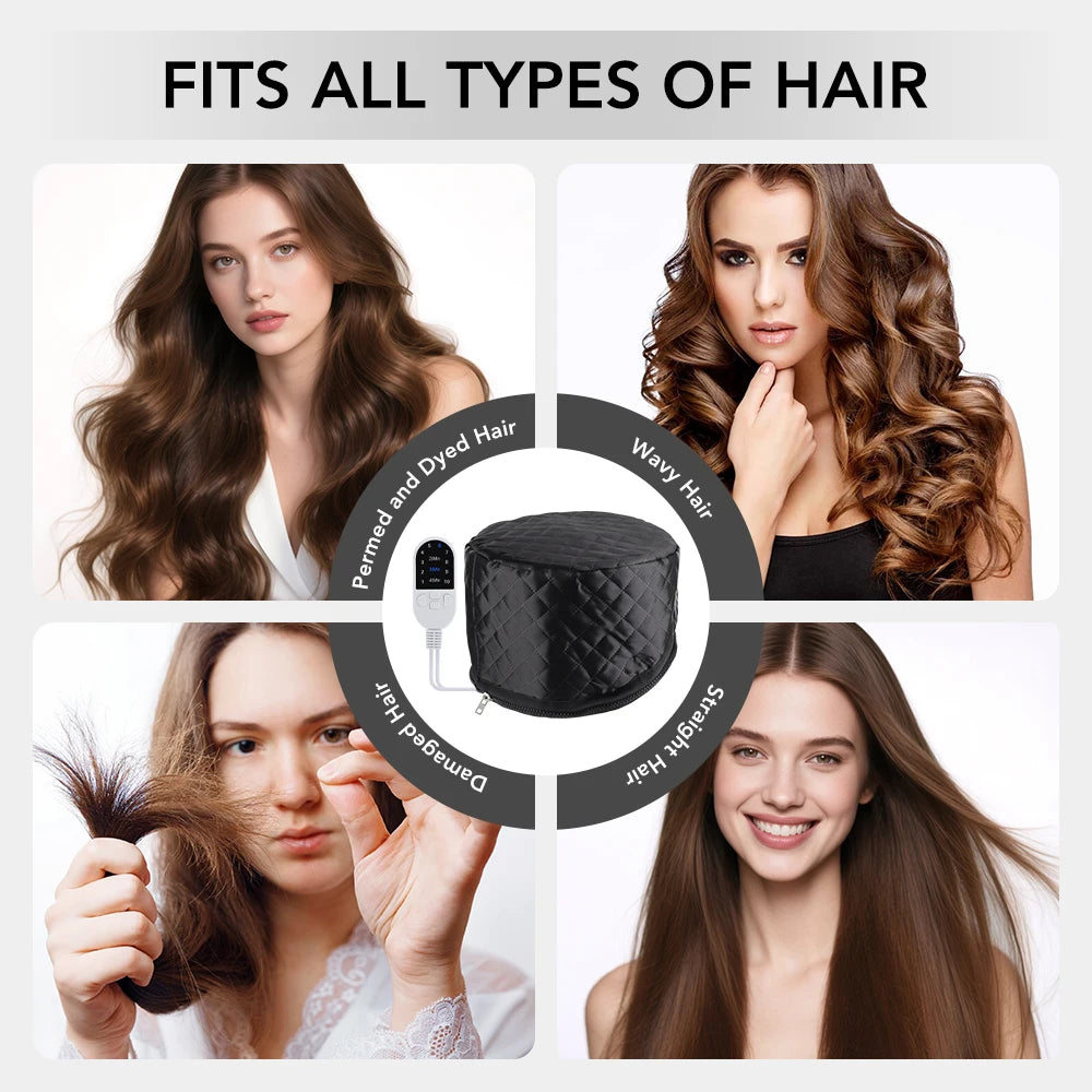Black electric thermal hair steamer cap with 10 heat levels and remote for deep conditioning all hair types.