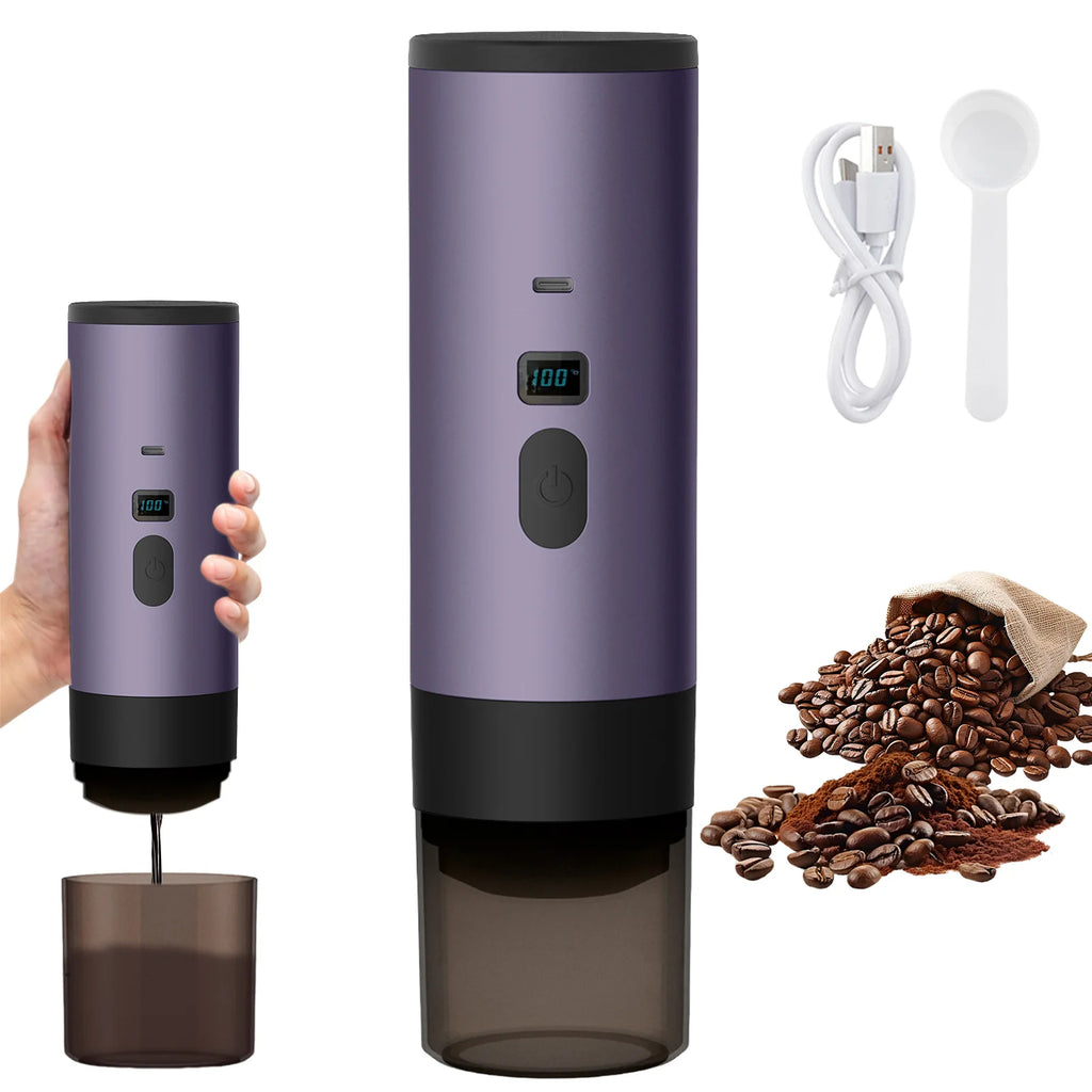 Purple portable electric coffee grinder with LED display, USB charging cable, measuring scoop, and coffee beans.
