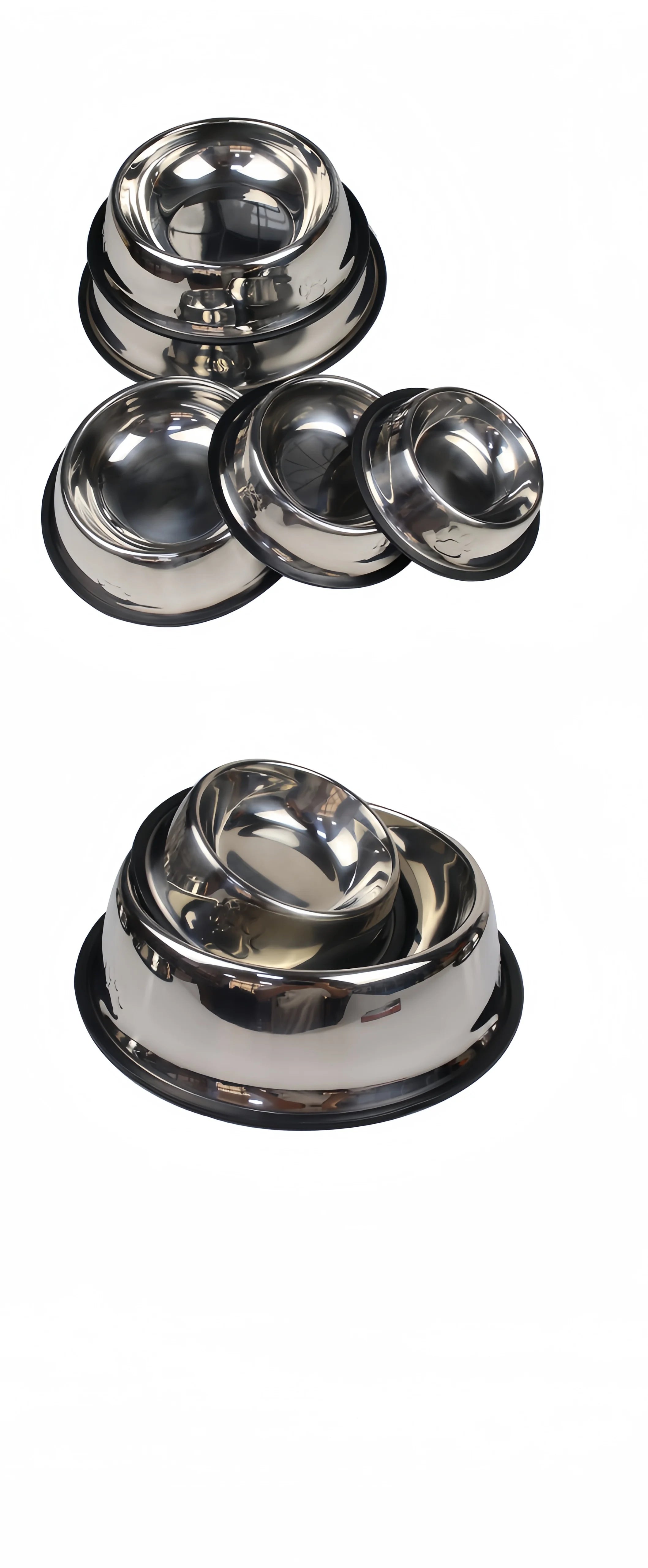 Durable stainless steel dog and cat bowls in various sizes. Easy-to-clean metal feeder for pet food or water.