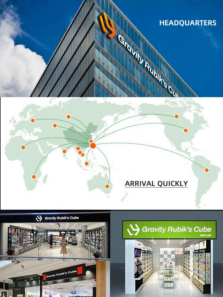 A collage showing the Gravity Rubik's Cube headquarters, a global distribution map, and retail storefront interiors.