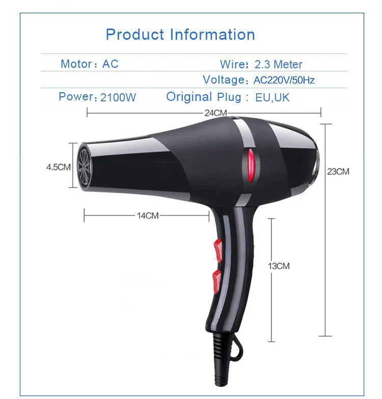 Black 2100W professional salon hair dryer with AC motor, heat settings, and dimensions infographic.