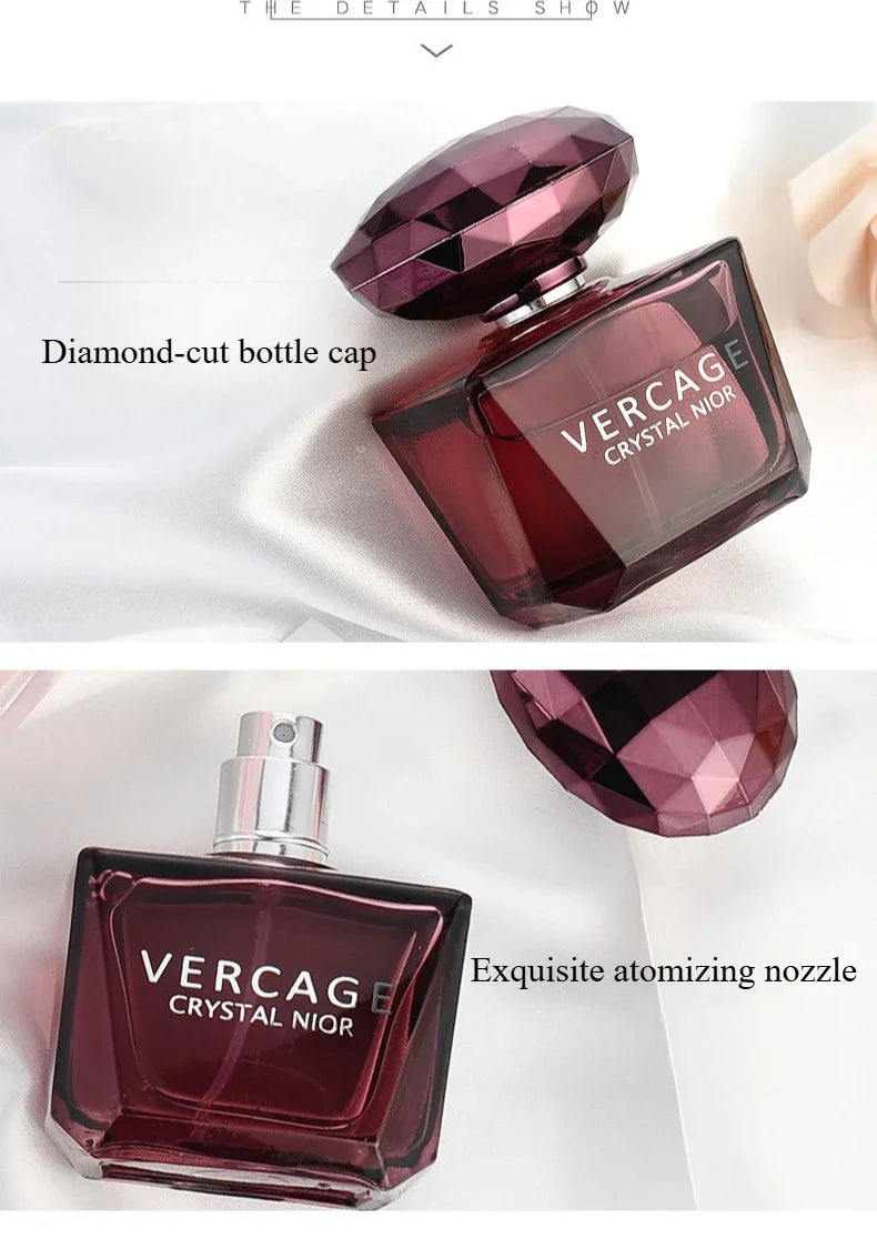 Luxury long-lasting floral perfume in a deep maroon glass bottle with a diamond-cut cap and atomizing nozzle.