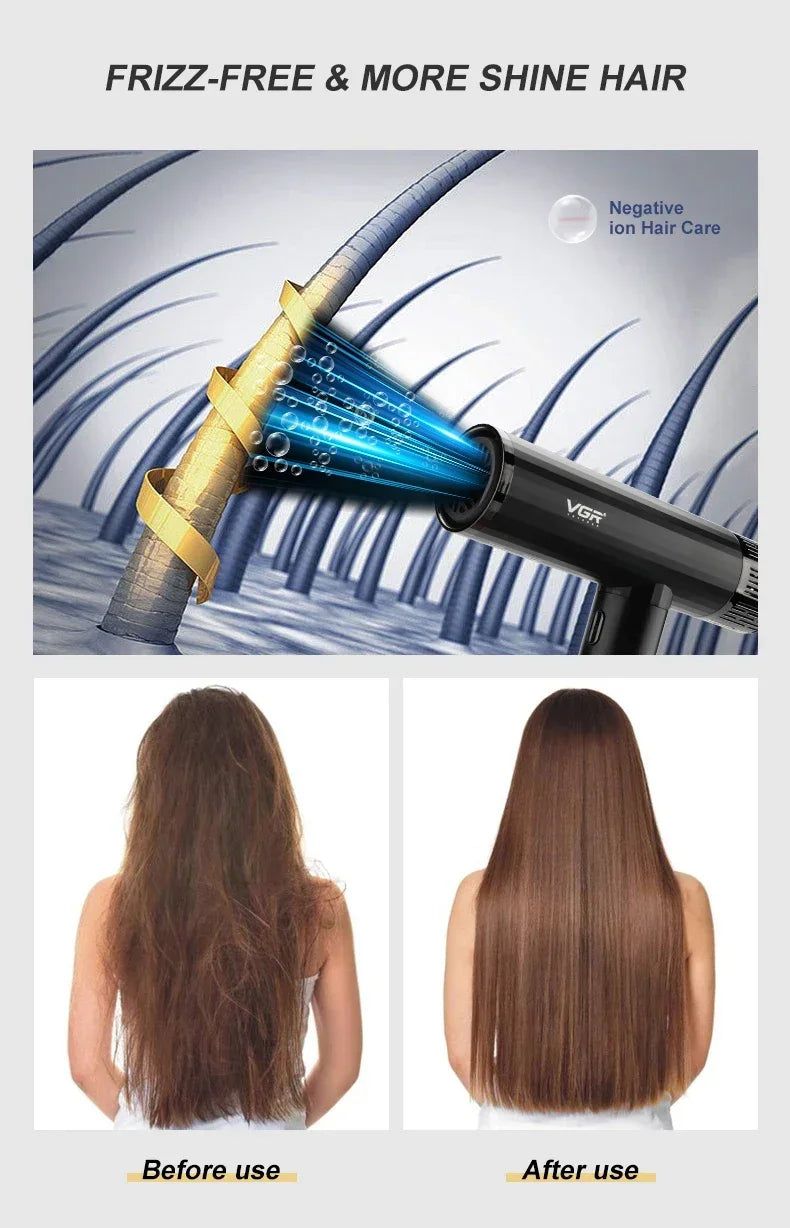 VGR V-427 negative ion hair dryer in black showing frizz-free results on hair before and after styling.
