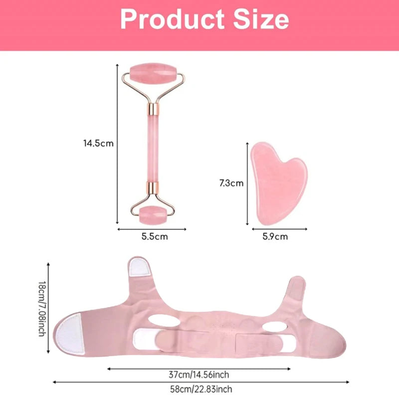 Pink jade face roller, heart-shaped gua sha stone, and adjustable V-line facial sculpting mask with dimension labels.