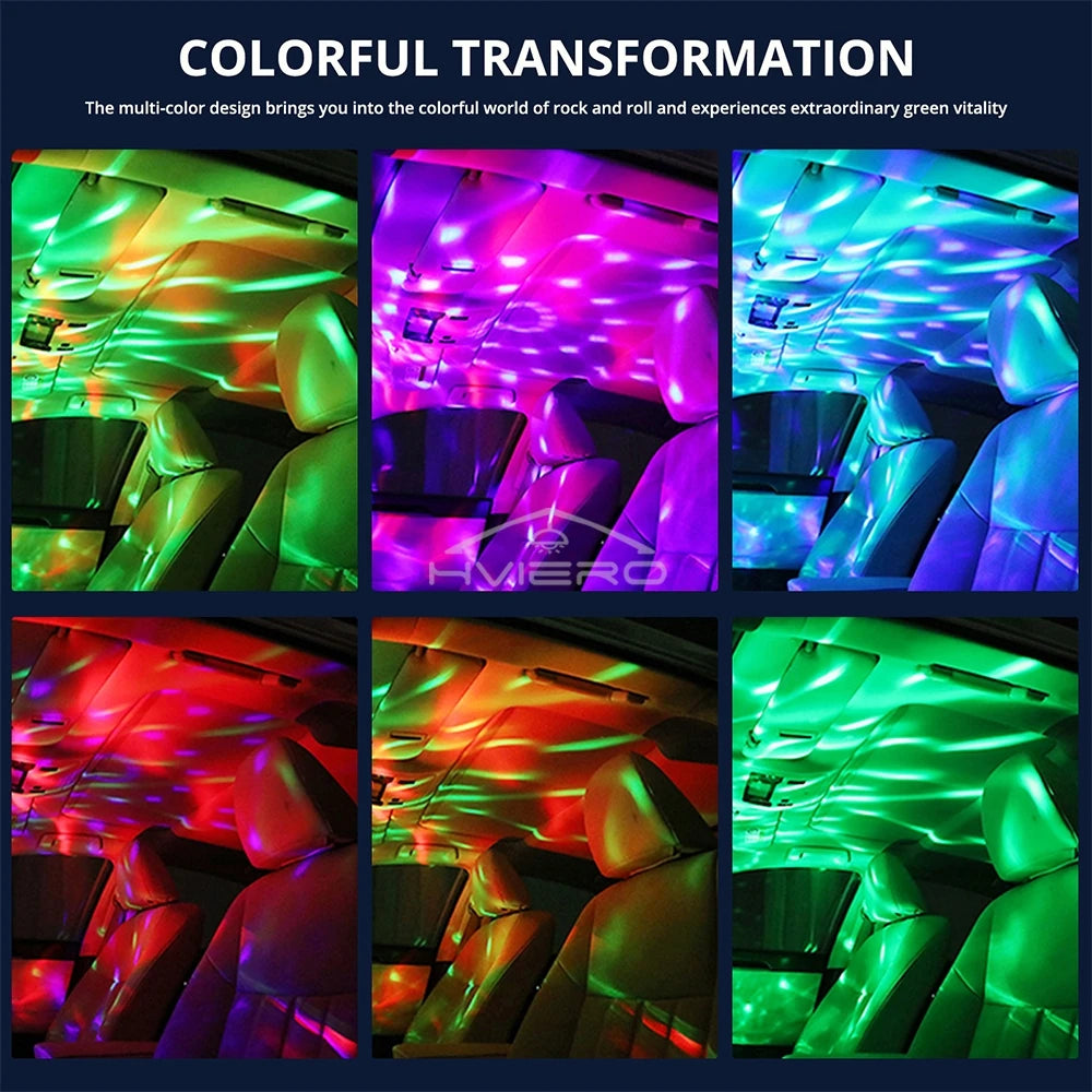 Car interior LED mood light projector casting various multi-colored, rippling light patterns onto a car's ceiling.