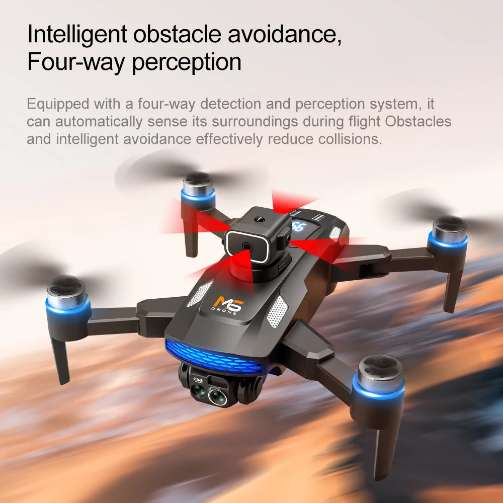 Black M5 quadcopter drone with four-way obstacle avoidance sensors and blue LED lights, designed for aerial photography.