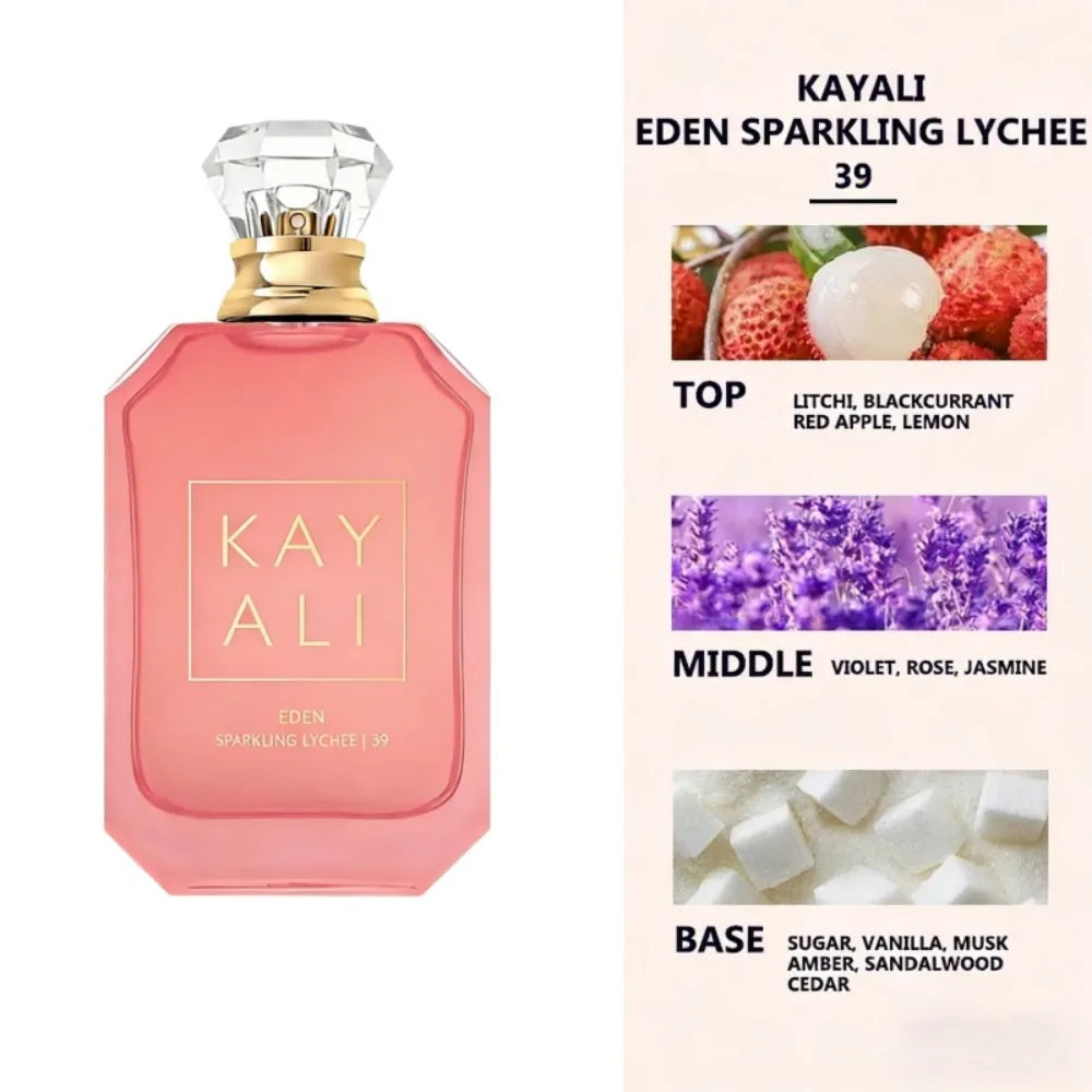 Kayali Eden Sparkling Lychee 39 perfume: pink square bottle, floral-fruity EDP with litchi, rose, and vanilla notes.