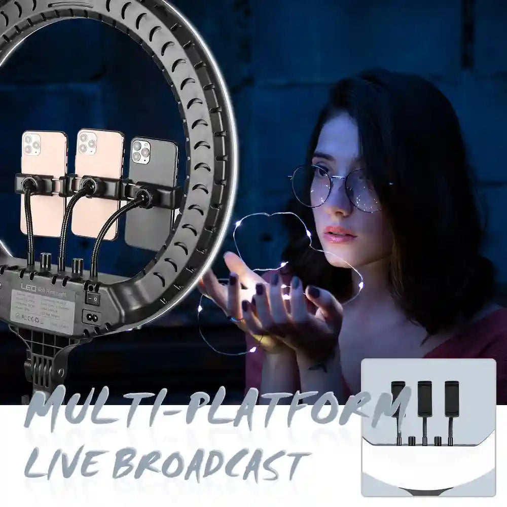 Black LED ring light with three flexible mounts to hold multiple smartphones for live streaming and content creation.