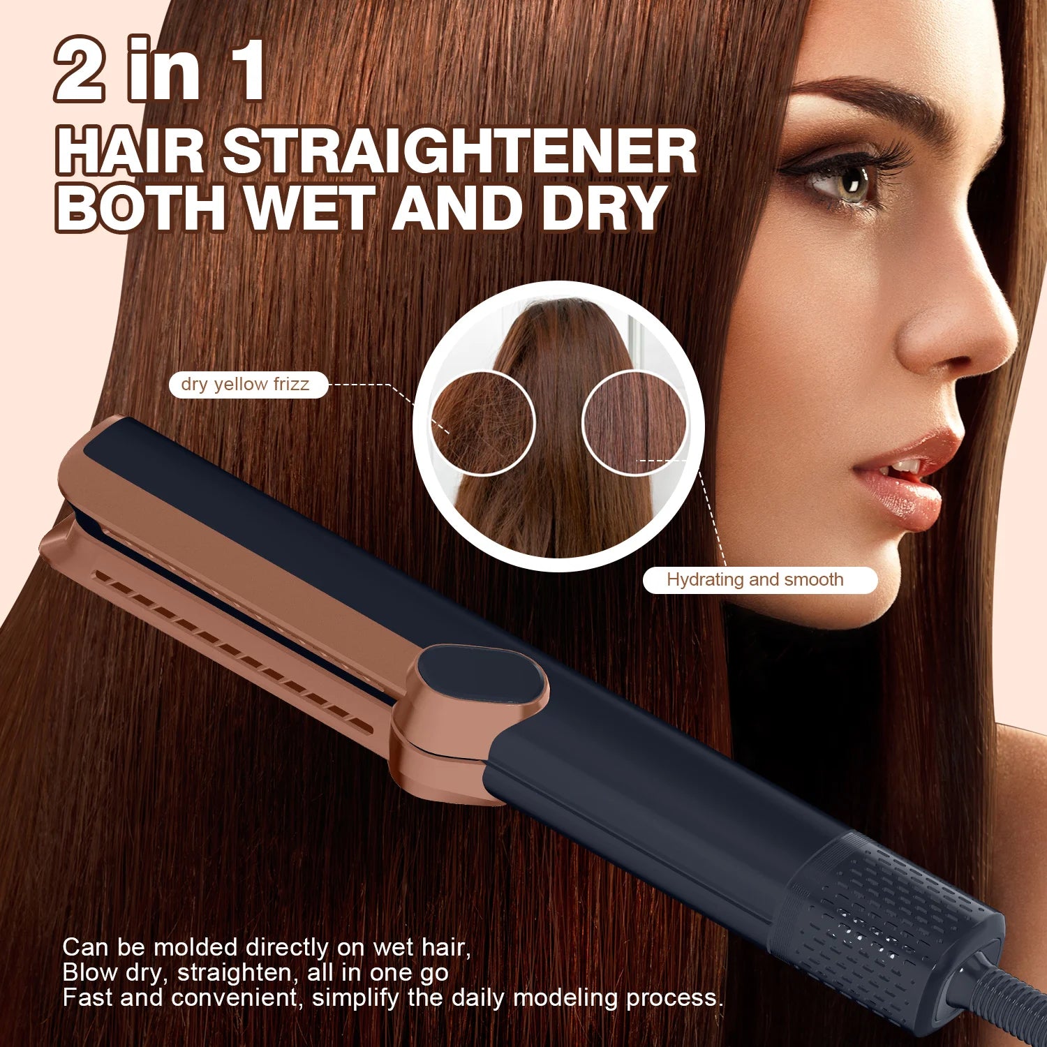 2-in-1 bronze hair straightener and dryer for wet or dry hair, featuring frizz-reducing ionic technology.