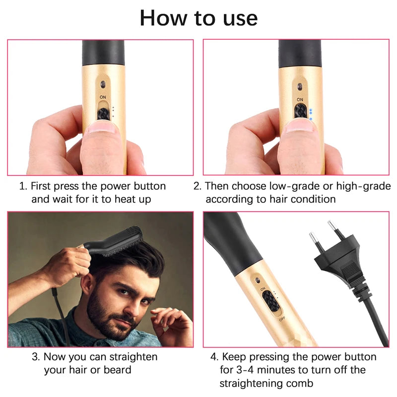 Gold mini electric hair and beard straightener comb with power switch and plug, showing heat settings and usage.